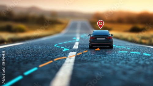 Car on road, GPS navigation, destination marker.