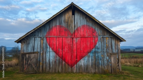 Valentine's heart symbol spray painted on a rustic barn in the countryside