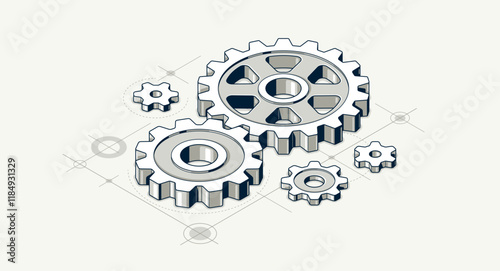Mechanical engineering concept, gears and cogs with project drawing draft isometric 3D vector illustration, cogwheels system technology and technics machinery engine.