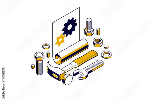 Mechanical engineering project concept, engine draft plan drawing, technical scheme blueprint, paper sheet with gears 3D isometric vector illustration, repair tutorial.