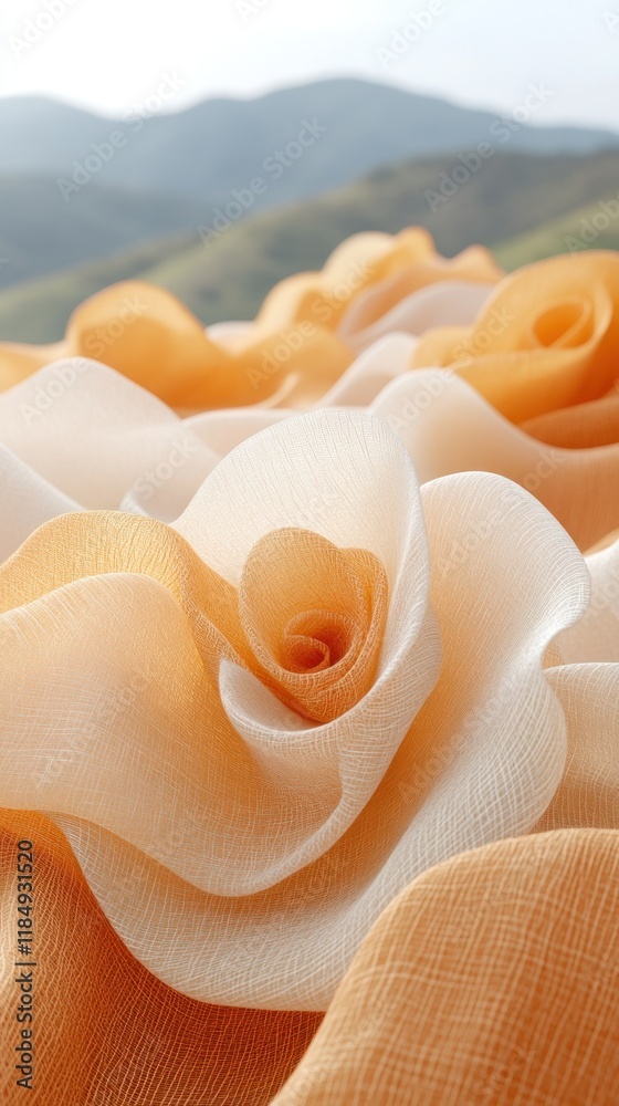 Fototapeta premium Close-up of delicate, layered, peach-colored rose flowers, soft, floral design, fabric, texture, decorative.