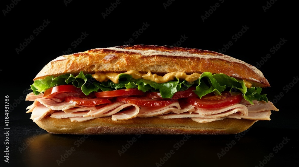 A gourmet sandwich made with fresh artisan bread, layers of smoked turkey, fresh lettuce, tomato slices, and a spread of Dijon mustard. A gourmet sandwich made with fresh artisan bread, layers of smoked turkey, fresh lettuce, tomato slices, and a spread of Dijon mustard.