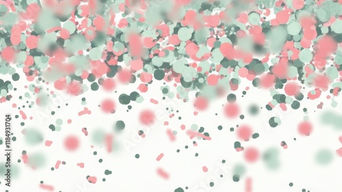 A vibrant abstract composition featuring floating mint green and coral circles on a soft white background, creating a dreamy, whimsical atmosphere.