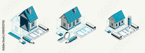 House project concept set, 3D isometric vector illustration of a small house and blueprint building project, construction architectural model, residential family small house.