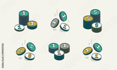 Coins vector set, cash stac...