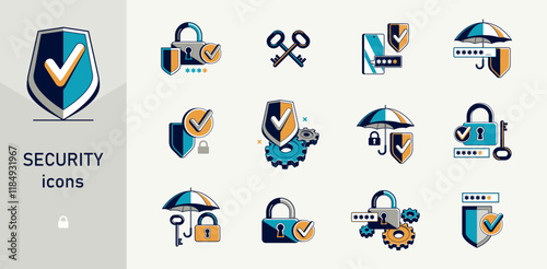 Safety and security vector detailed icons set, lock and password, virus risk cybersecurity, account privacy protection.