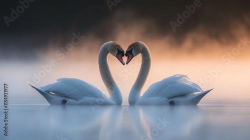 Heart formed by two swans touching necks on a misty lake at dawn photo