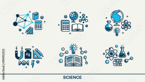 Science vector detailed icons set, molecules and atoms laboratory experiment, book university study, flask and tube experiment.
