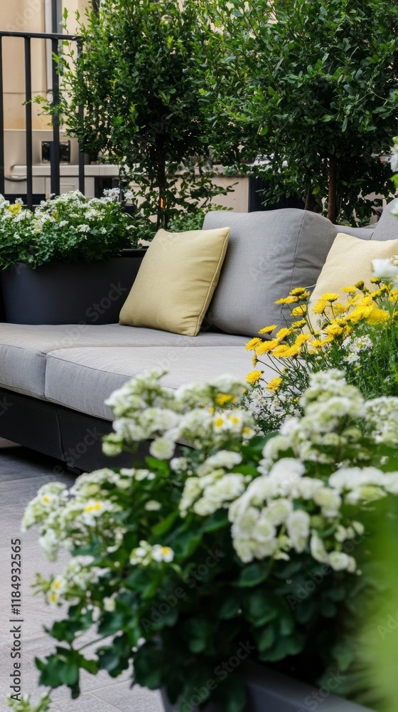 A peaceful patio adorned with lush sage and colorful flowers creates a tranquil escape, perfect for enjoying quiet moments or sipping tea in nature's embrace A peaceful patio adorned with lush sage and colorful flowers creates a tranquil escape, perfect for enjoying quiet moments or sipping tea in nature's embrace
