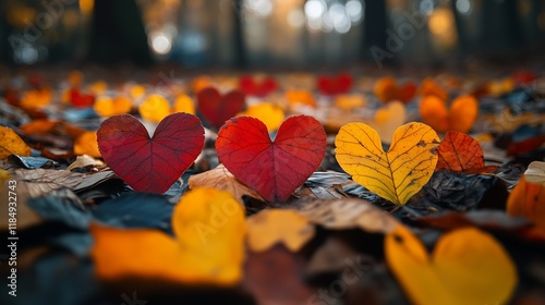 Heart-shaped leaves scattered across a forest floor during fall photo