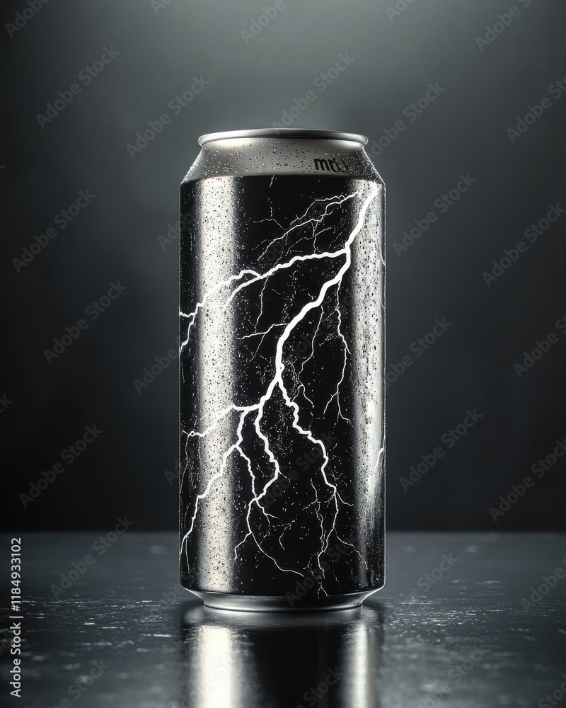 A sleek black beverage can with striking lightning graphics, illuminated against a dark backdrop. A sleek black beverage can with striking lightning graphics, illuminated against a dark backdrop.