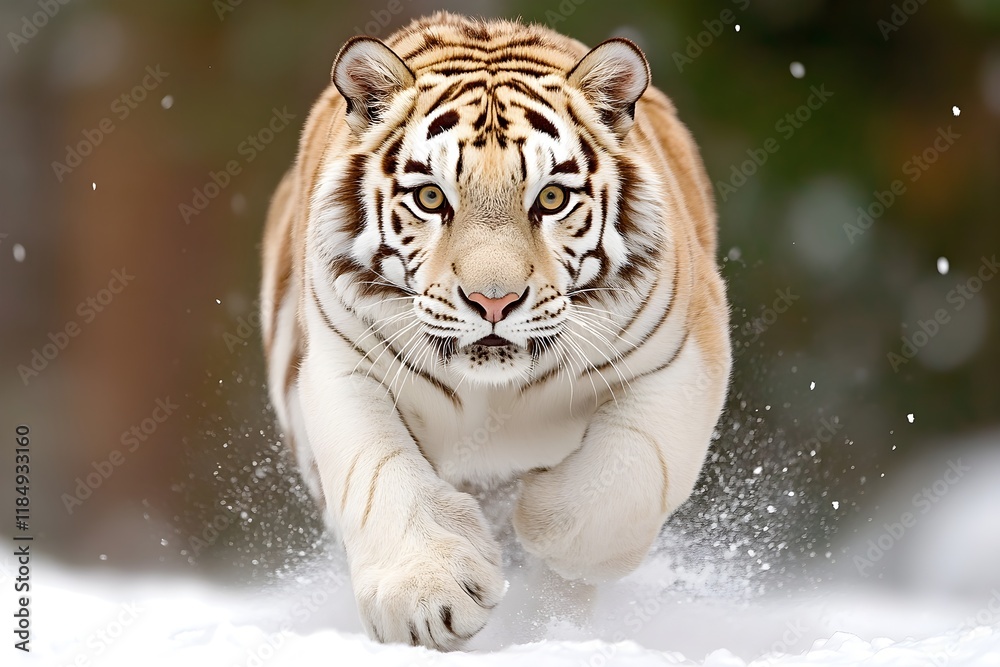 Fototapeta premium A fierce tiger running through snowy terrain, showcasing its strength and agility in a stunning natural setting.