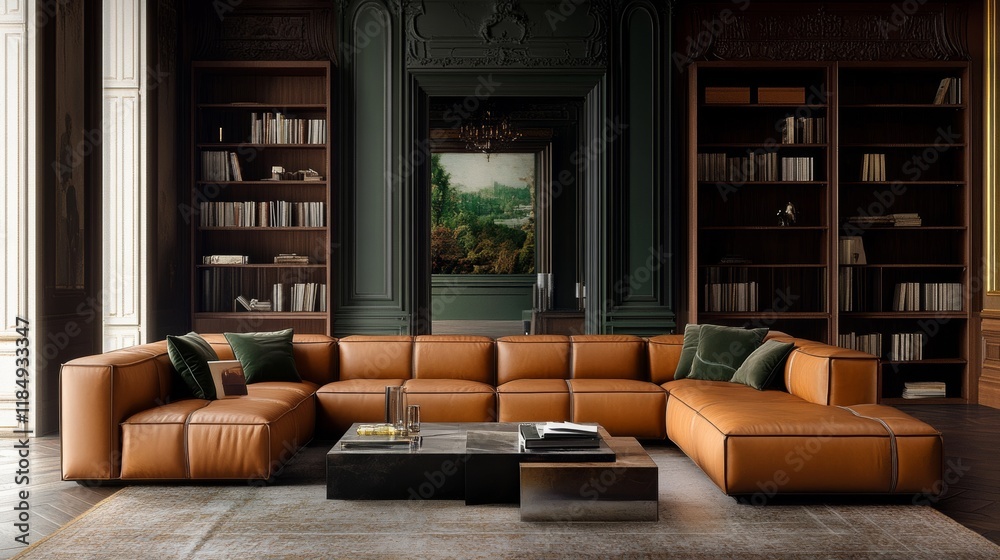 Modern classic black interior with capitone brown leather chester sofa, floor lamp, coffee table, carpet, wood floor, mouldings. 3d render interior mock up. Modern classic black interior with capitone brown leather chester sofa, floor lamp, coffee table, carpet, wood floor, mouldings. 3d render interior mock up.