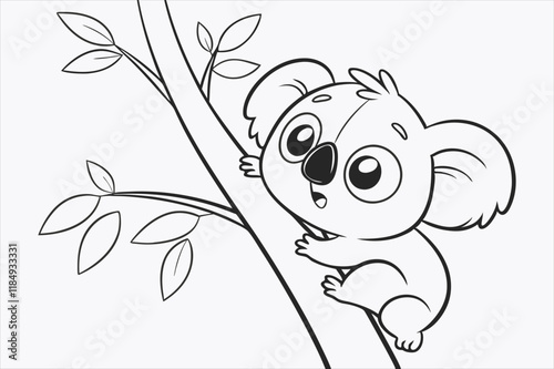 A cartoon illustration of a baby koala climbing a tree