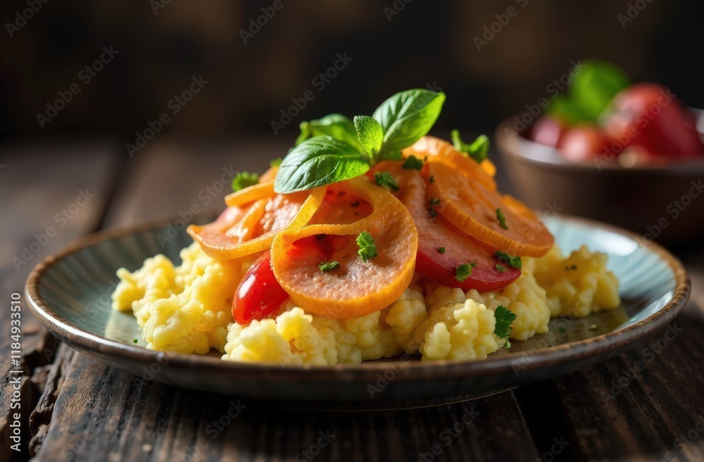 elegant delicious breakfast on plate on black background elegant delicious breakfast on plate on black background
