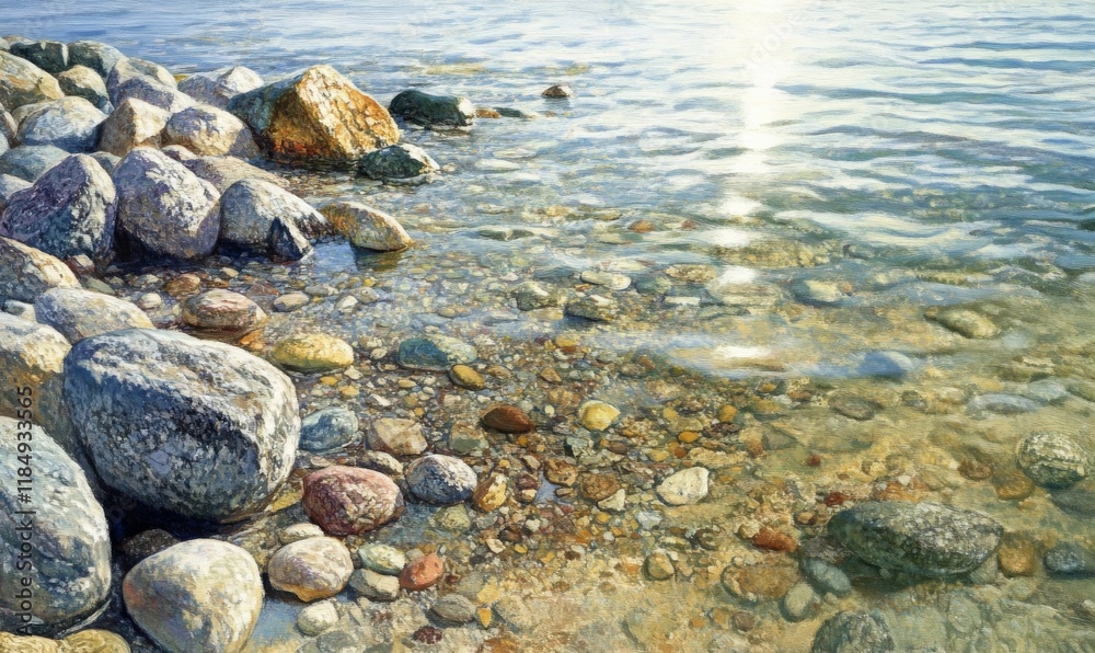 Fototapeta premium Reflections of sunlight on rocky shoreline.