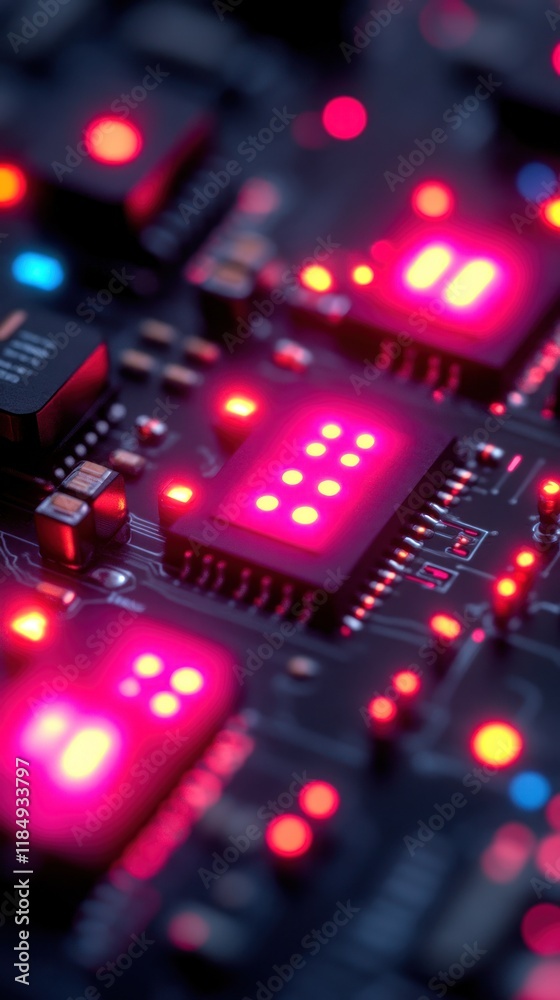 Obraz premium Close-up of illuminated circuit board with glowing components.
