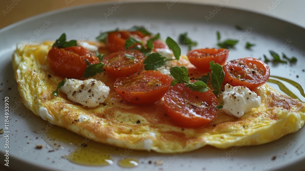 An omelet with fresh herbs, tomatoes, and goat cheese, served on a white plate with a drizzle of olive oil. An omelet with fresh herbs, tomatoes, and goat cheese, served on a white plate with a drizzle of olive oil.