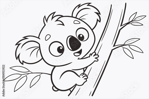 A cartoon illustration of a baby koala climbing a tree