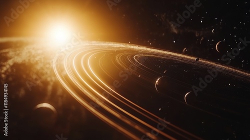 A breathtaking cosmic scene featuring vibrant rings and celestial bodies illuminated by a distant sun.