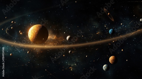 A breathtaking view of a vibrant solar system featuring planets and rings in a starry cosmic backdrop.