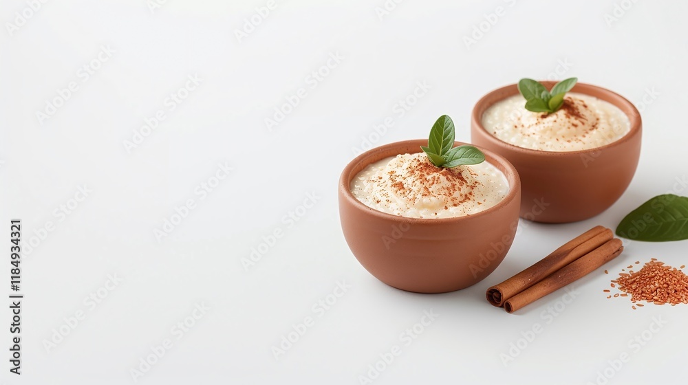 Rice pudding in bowls, cinnamon stick and mint, creamy rice dessert, dessert close up copy space, minimalist food photo



