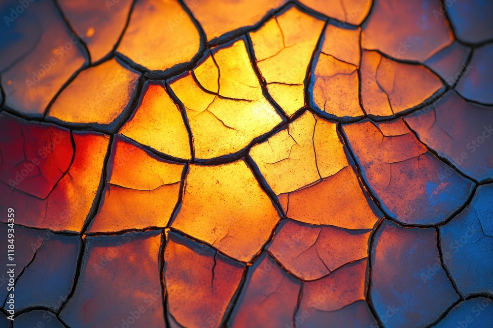 Intricate network of cracked earth, illuminated by warm, sunset hues, showcasing texture and color. Intricate network of cracked earth, illuminated by warm, sunset hues, showcasing texture and color.
