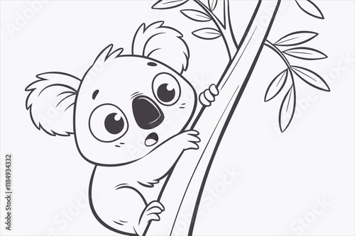 A cartoon illustration of a baby koala climbing a tree