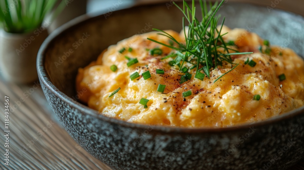 Close-up of scrambled eggs with a golden, fluffy texture, garnished with chives, served in a rustic bowl on a wooden table Close-up of scrambled eggs with a golden, fluffy texture, garnished with chives, served in a rustic bowl on a wooden table