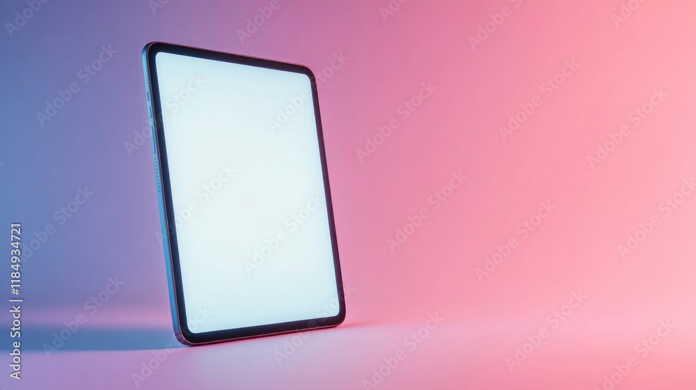 Modern tablet with blank screen in vibrant pink and blue neon light. Modern tablet with blank screen in vibrant pink and blue neon light.