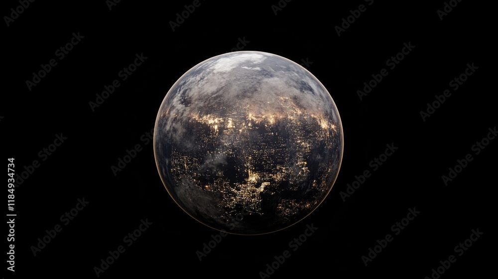 A stunning view of a planet resembling Earth, illuminated by city lights against a black background. A stunning view of a planet resembling Earth, illuminated by city lights against a black background.