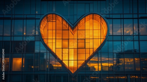 Office building windows forming a heart pattern, illuminated at twilight