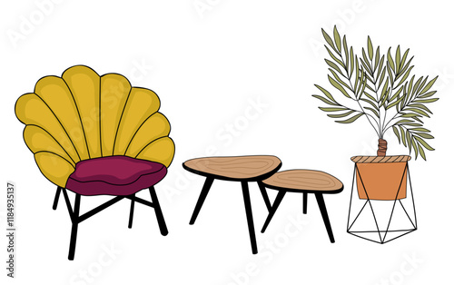 Set of retro furniture with yellow chair, coffee table and potted plant. Hand drawn outline colored vector illustration isolated on transparent background
