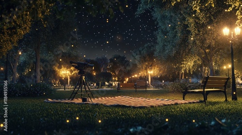 A serene night in the park showcasing a telescope, inviting stargazers to explore the universe.