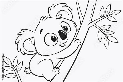 A cartoon illustration of a baby koala climbing a tree