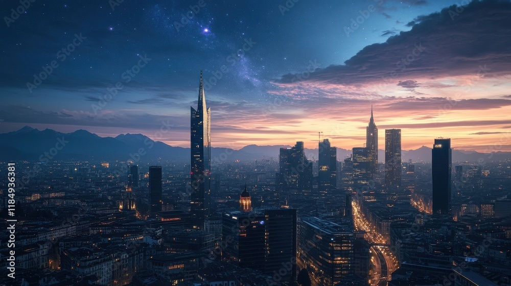 Fototapeta premium Stunning skyline at dusk with vibrant colors illuminating the cityscape under a starry sky.