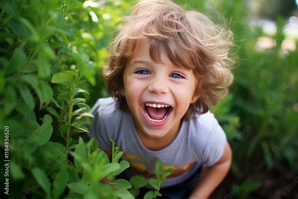 Portrait of a happy child laughing and playing hide and seek in the bushes of a green park Portrait of a happy child laughing and playing hide and seek in the bushes of a green park
