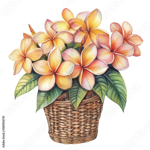 A watercolor illustration of a plumeria bouquet in a basket, isolated on a white background. Plumeria vector.
