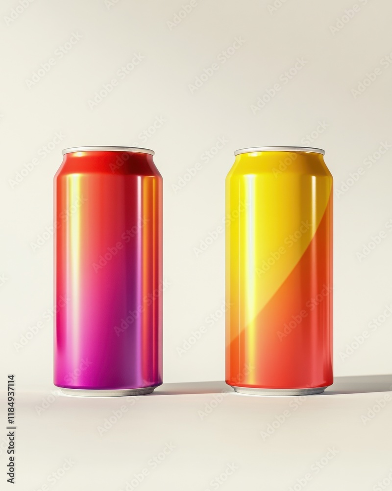 Two colorful beverage cans with a vibrant gradient, featuring shades of pink, orange, and yellow.
