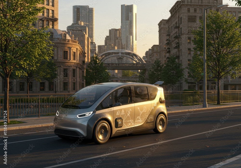 Futuristic electric car driving through modern urban cityscape at sunset