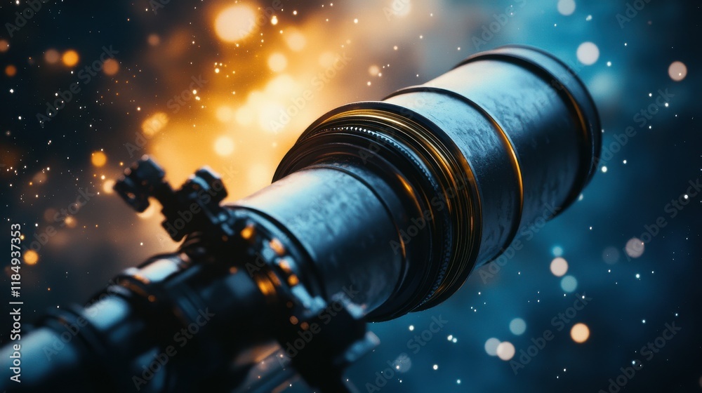 Close-up of a camera lens against a cosmic backdrop of stars and vibrant colors. Close-up of a camera lens against a cosmic backdrop of stars and vibrant colors.