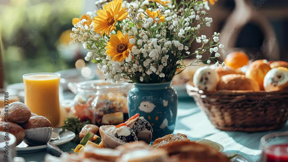 Cozy autumn breakfast setup with steaming tea, croissants, and apples on a rustic table. Concept of seasonal warmth and comfort. High quality 4k footage
