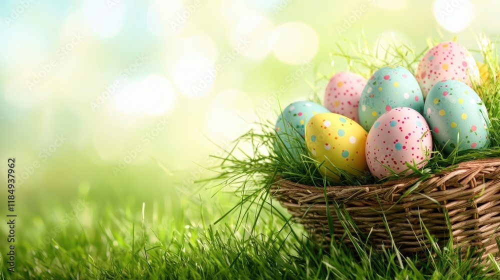 A basket full of colorful easter eggs sitting in the grass A basket full of colorful easter eggs sitting in the grass