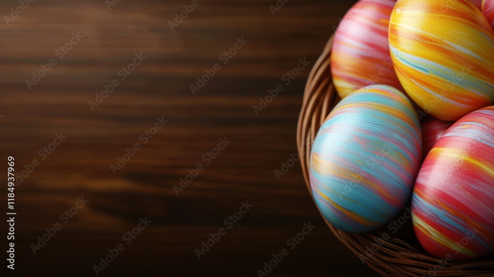 Fototapeta premium A basket filled with colorful easter eggs on a wooden table
