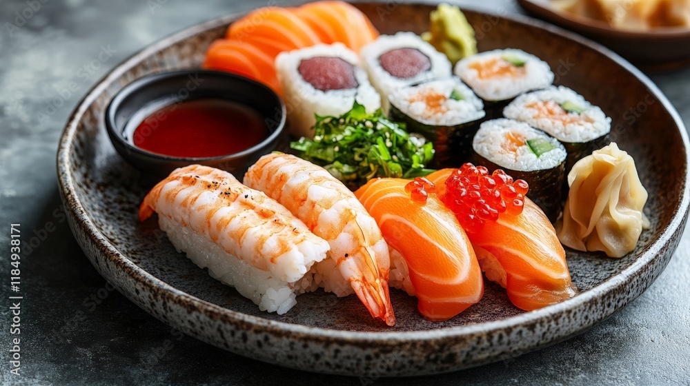 A close-up of a national dish, such as sushi or dumplings, arranged neatly on a plate with accompanying dipping sauces and garnishes.