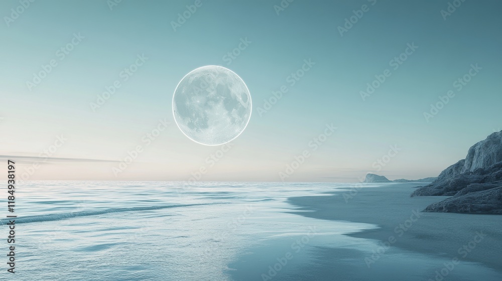 A serene moonlit beach scene with a large, luminous moon illuminating the tranquil waters at dusk. A serene moonlit beach scene with a large, luminous moon illuminating the tranquil waters at dusk.