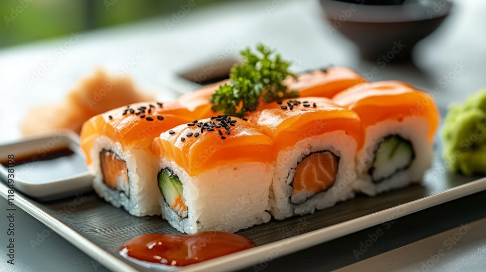 A close-up of a national dish, such as sushi or dumplings, arranged neatly on a plate with accompanying dipping sauces and garnishes. A close-up of a national dish, such as sushi or dumplings, arranged neatly on a plate with accompanying dipping sauces and garnishes.