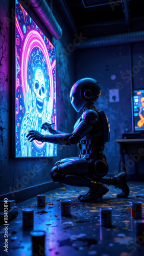 Undertale character Sans with neon art glowing around his head, set against a dark room background with trash and debris scattered about. photo