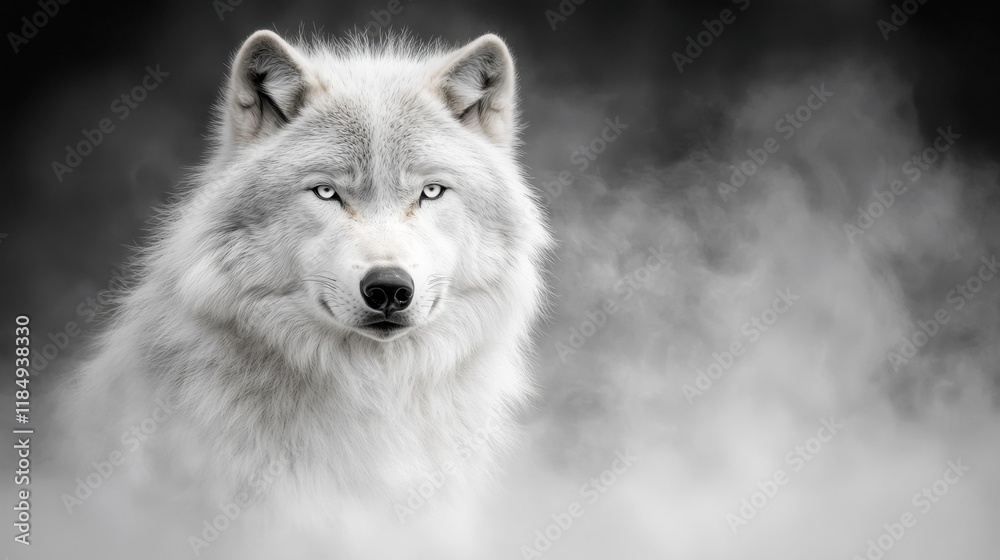 Obraz premium A white wolf with blue eyes standing in the fog