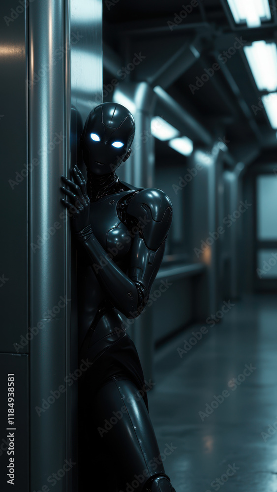 A humanoid robot with blue eyes peeking around a corner. A humanoid robot with blue eyes peeking around a corner.